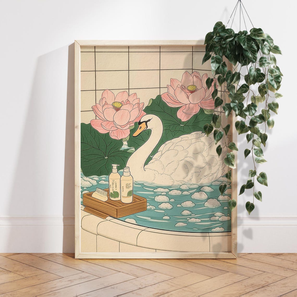 Whimsical Swan Bubble Bath Lotus Japanese Style Bathroom Art Poster