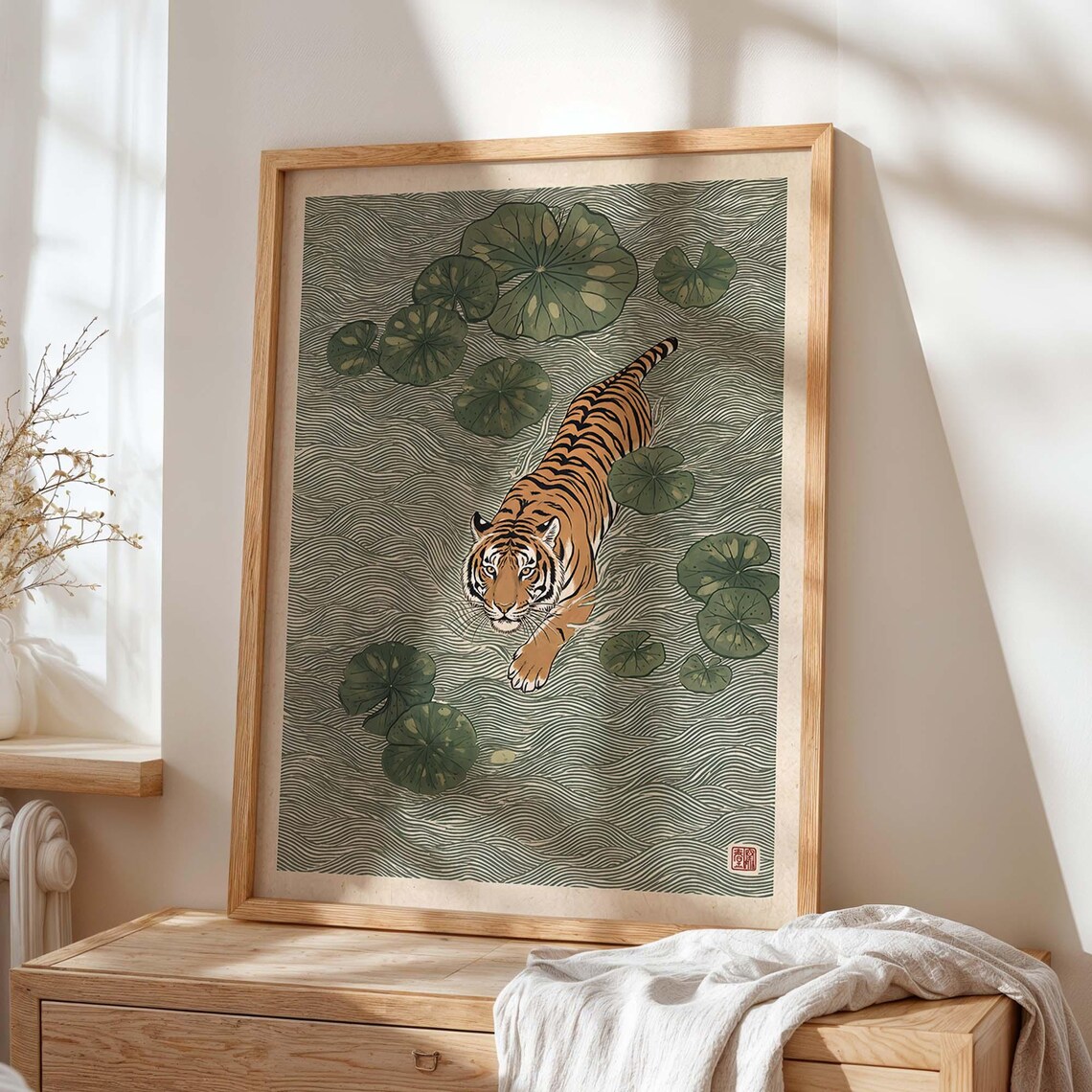 Tiger Swimming Lotus Pond Japanese Woodblock Style Lily Pad Poster