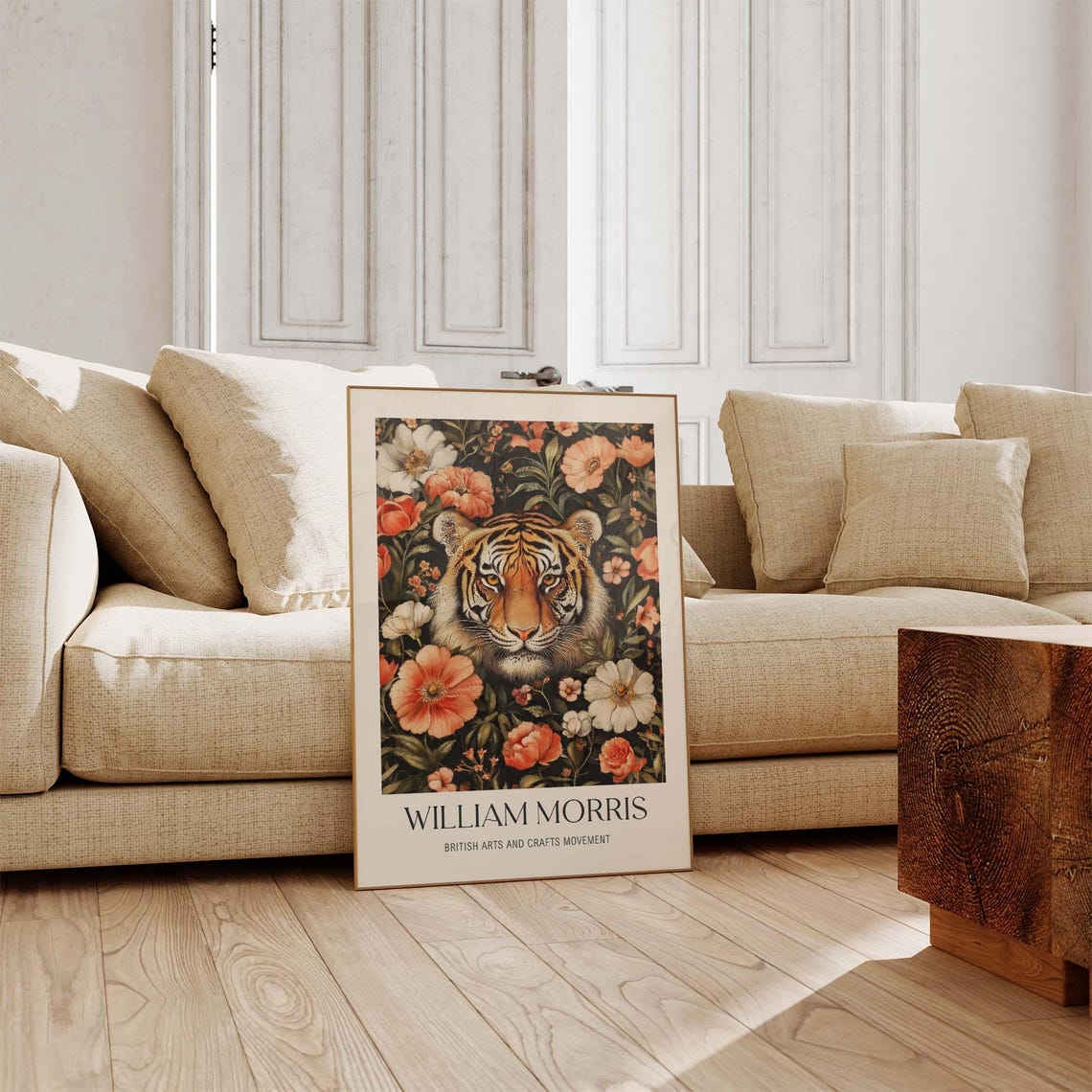 William Morris Style Tiger Face Among Orange And White Flowers Poster - Image 4