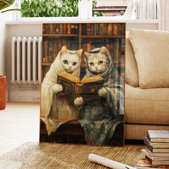Two Cozy Cats Reading A Book Together In Blankets In Old Library Poster