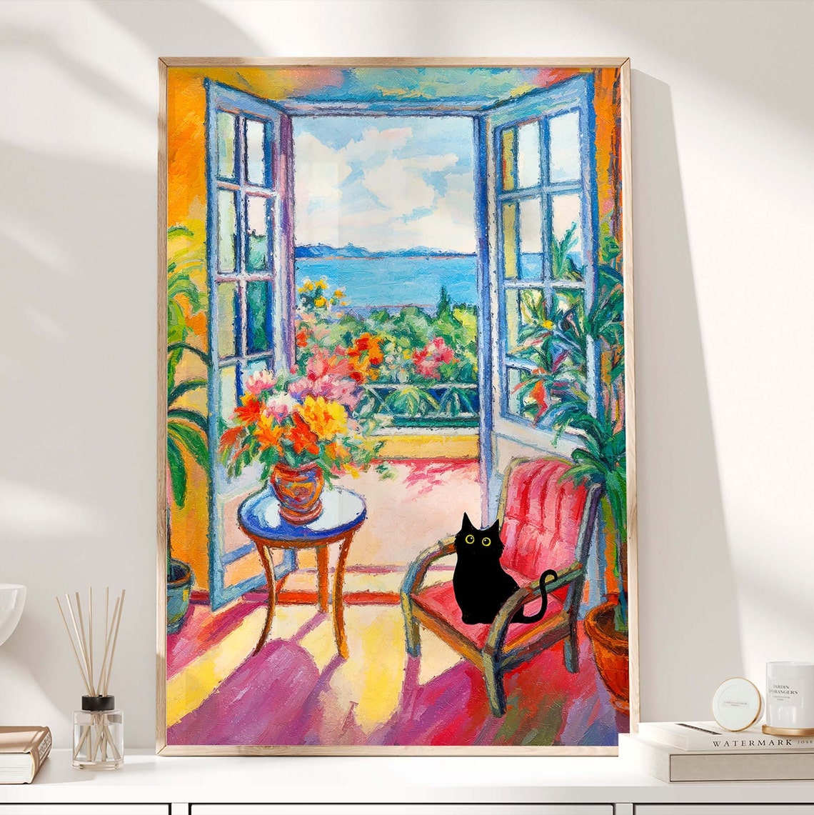 Black Cat on Chair by Open Window Overlooking the Sea Poster - Image 3