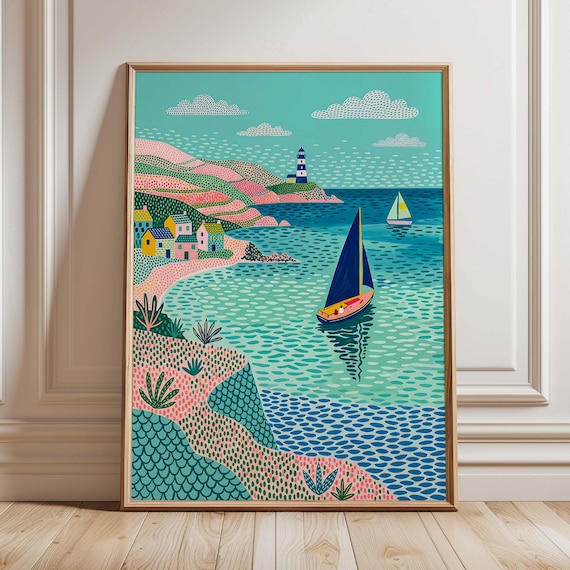 Coastal Sailboat Mediterranean Seascape, Travel Poster