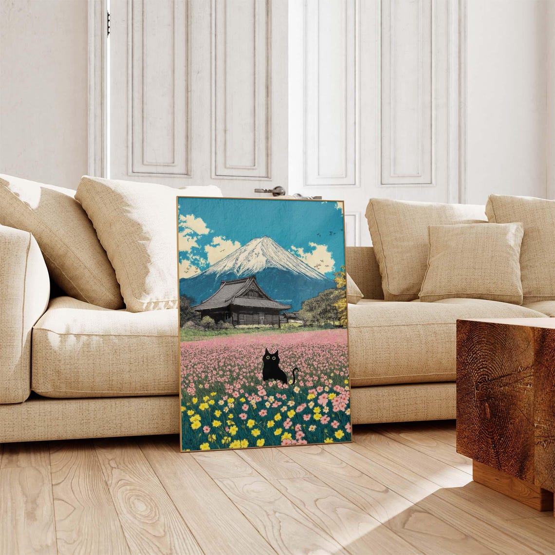 Black Cat In A Flower Field Beneath Mount Fuji Temple Poster - Image 4