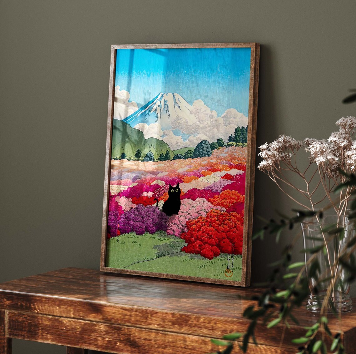 Black Cat Mount Fuji Japanese Art Print, Landscape - Image 2