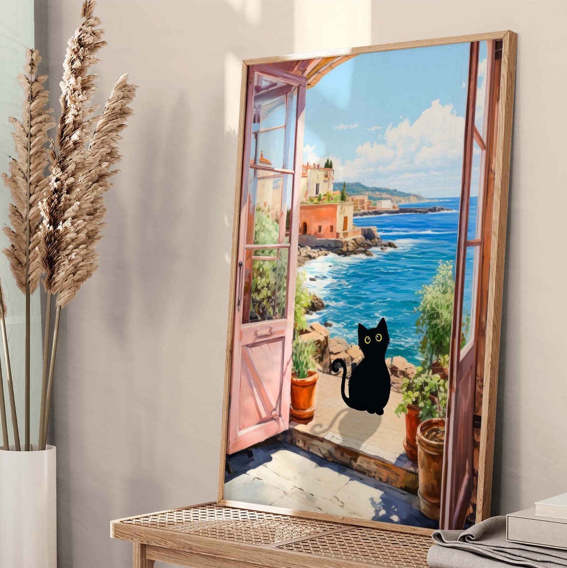 Black Cat On Sunny Coastal Terrace With Sea View Funny Cat Poster - Image 4
