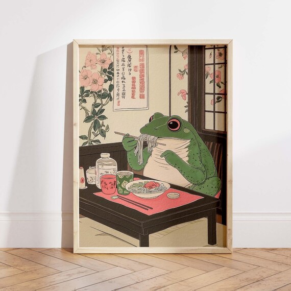 Big Frog Eating Ramen Noodles Japanese Woodblock Humor Poster