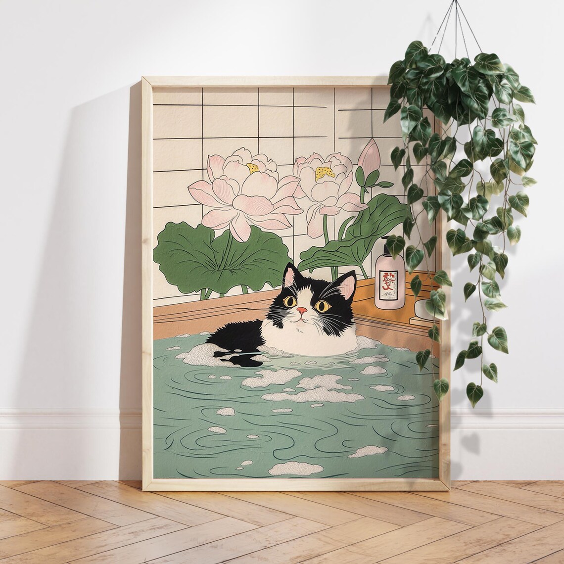 Cute Tuxedo Cat In Bathtub, Japanese Bathroom Decor Art Print