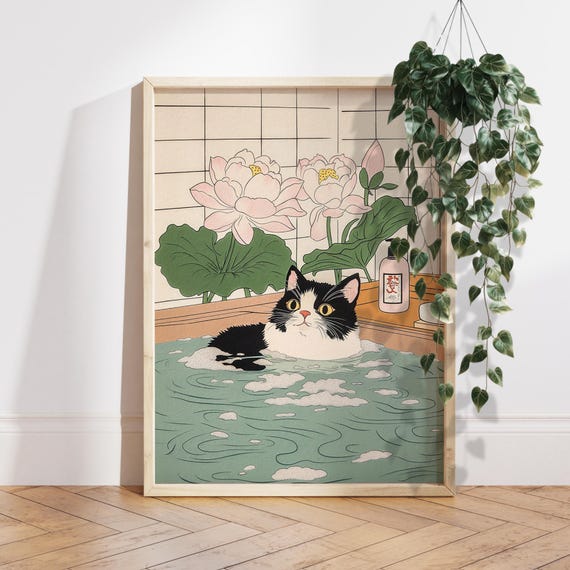 Cute Tuxedo Cat In Bathtub, Japanese Bathroom Decor Art Print