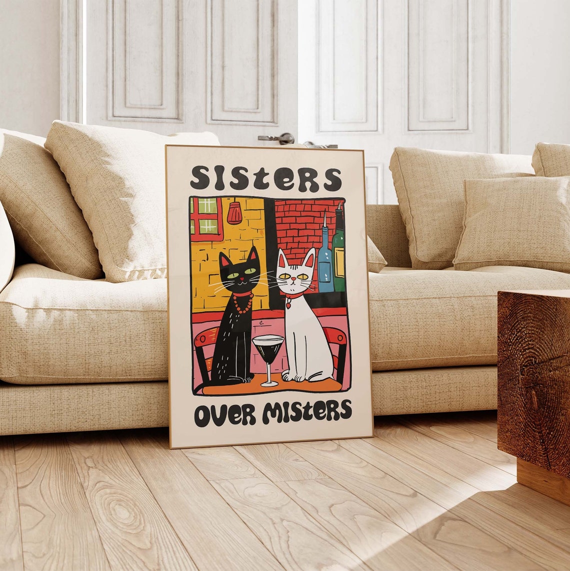 Sisters Over Misters Two Cats Sharing A Cocktail Retro Poster - Image 2