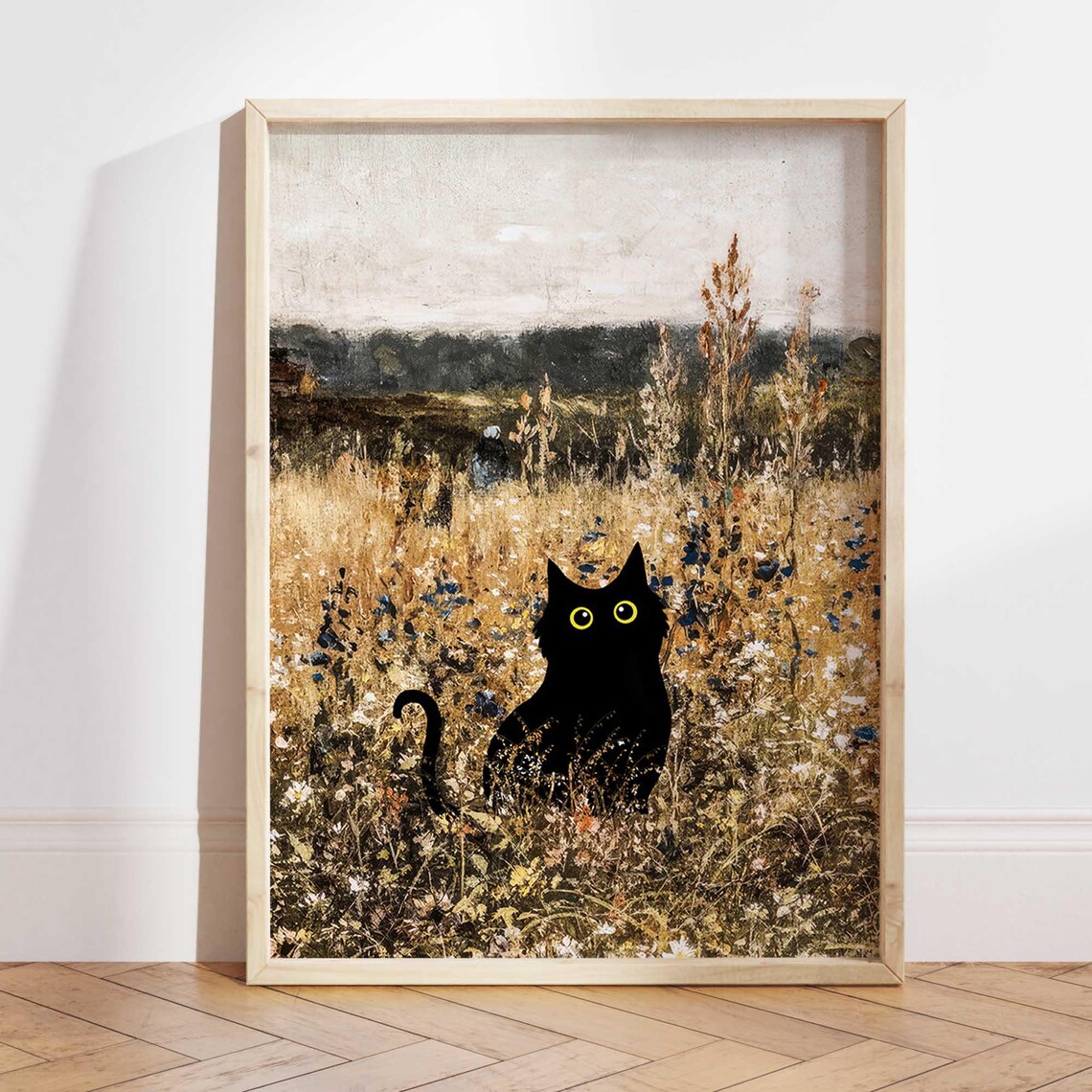 Black Cat Poster Print, Wildflower Field Gift