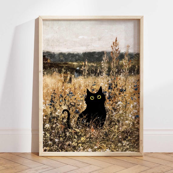 Black Cat Poster Print, Wildflower Field Gift