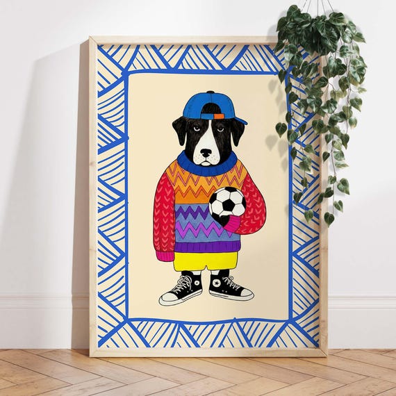 Soccer Dog Cute Hipster Puppy Poster Print