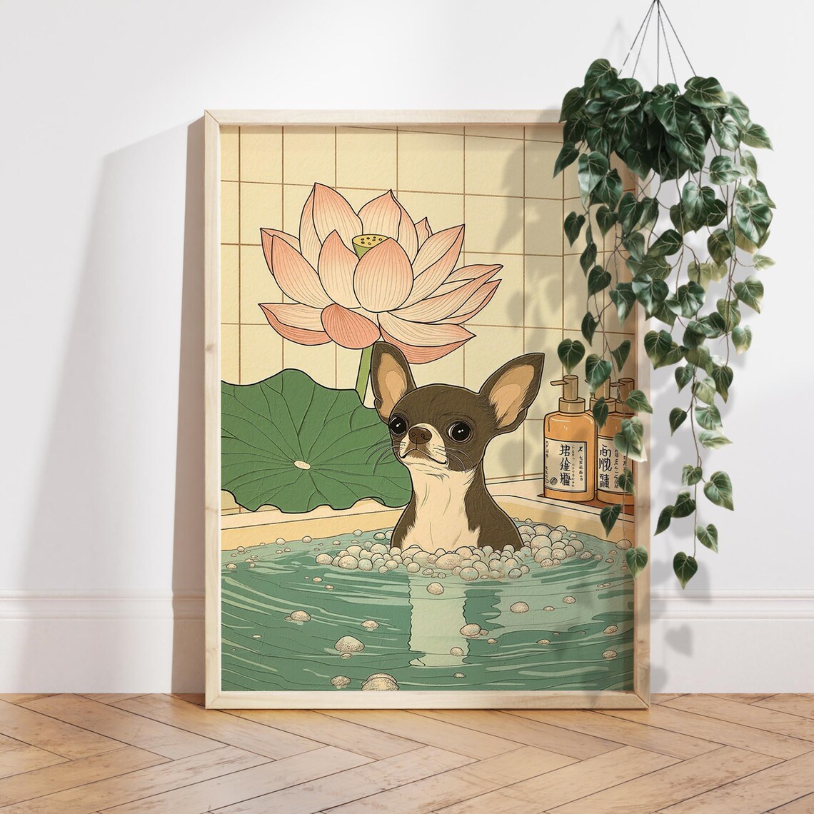 Chihuahua In Bathtub Japanese Onsen Lotus Bath Dog Art Poster