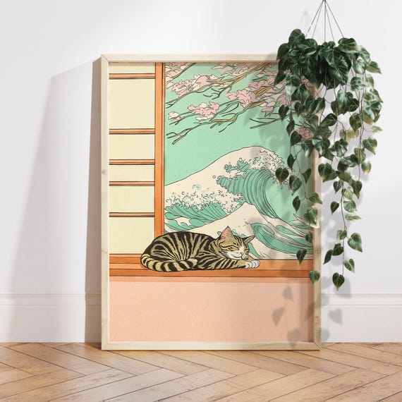 Tabby Cat and Great Wave of Kanagawa Print