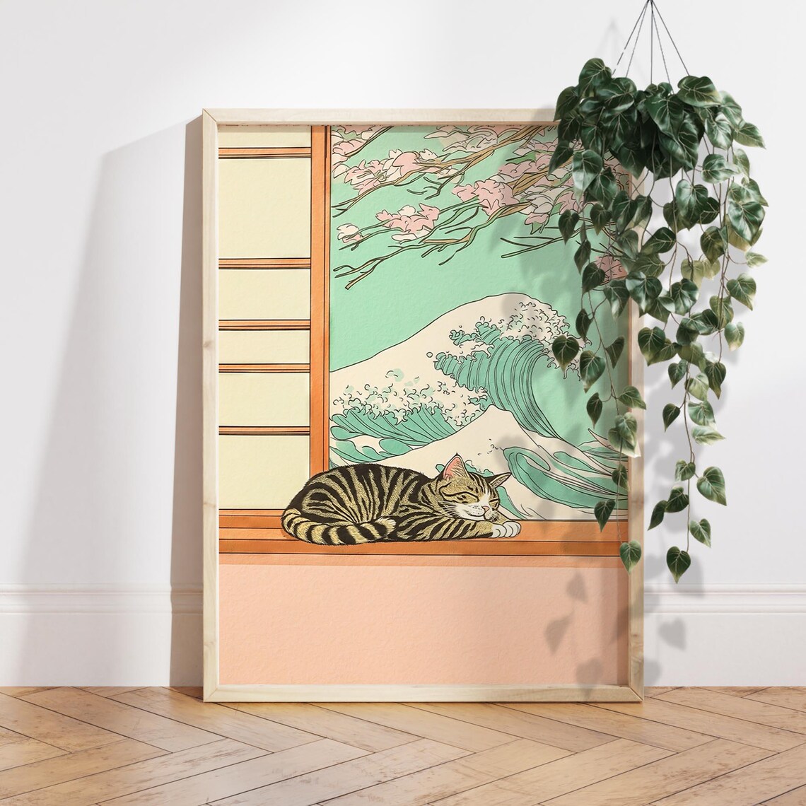 Tabby Cat and Great Wave of Kanagawa Print