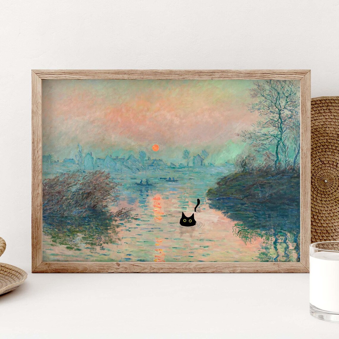 Black Cat Sunrise River, Monet-Inspired Art Print