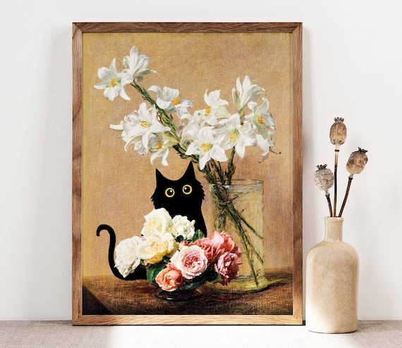 Black Cat Among White Lilies And Roses Still Life Flower Cat Poster