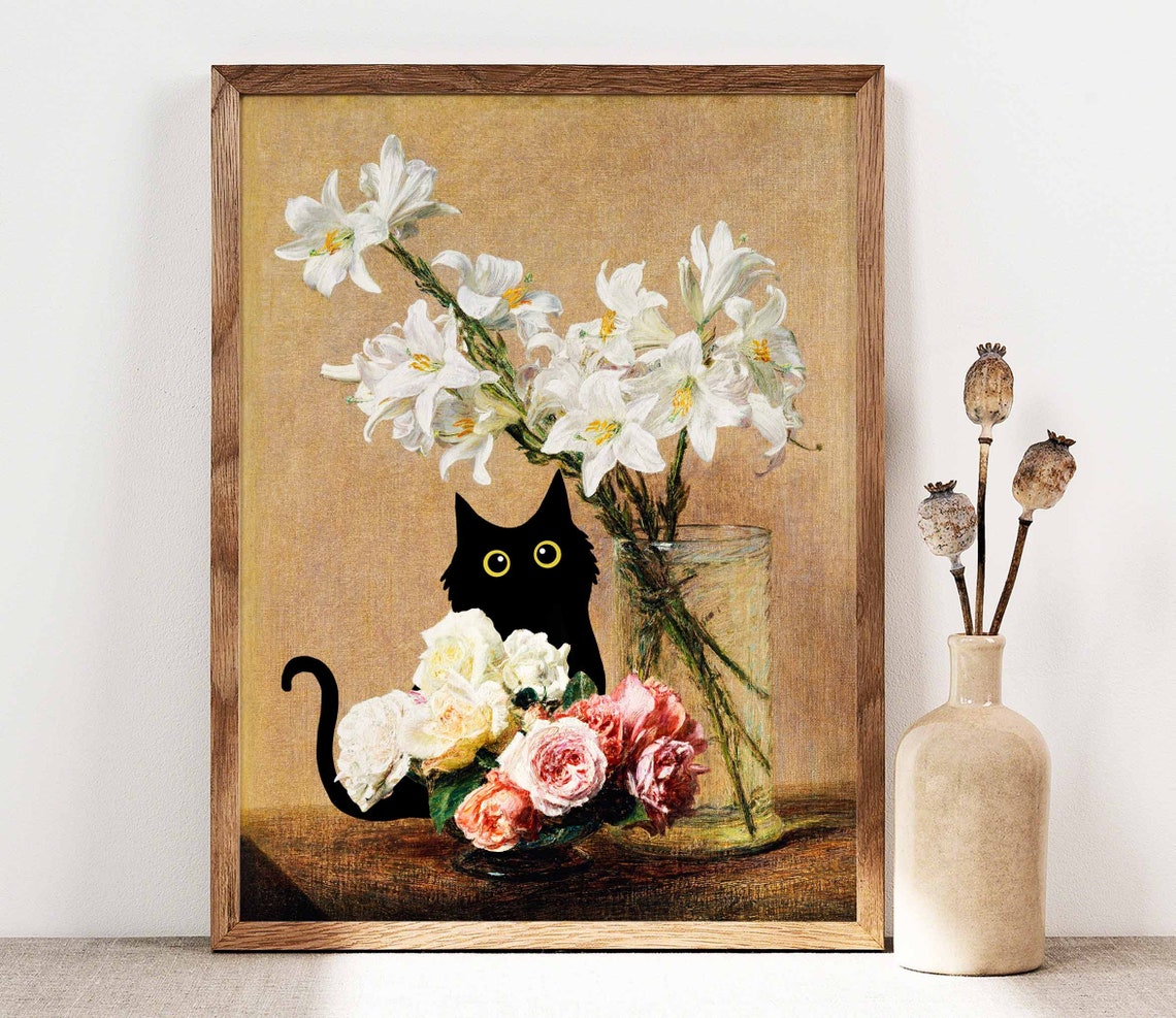 Black Cat Among White Lilies And Roses Still Life Flower Cat Poster