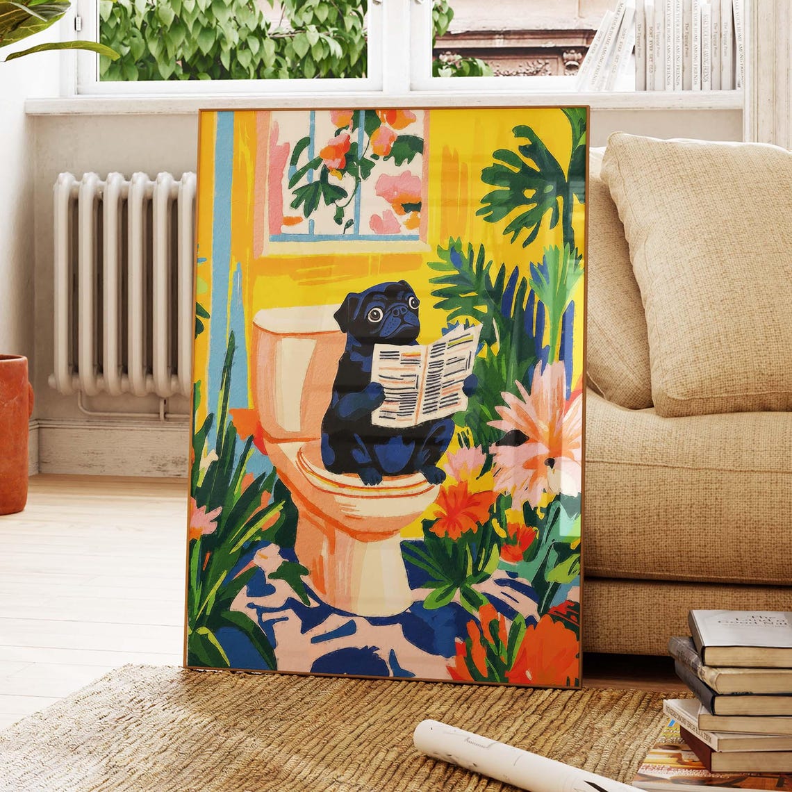 Black Pug Sitting On Toilet Reading Newspaper Tropical Poster