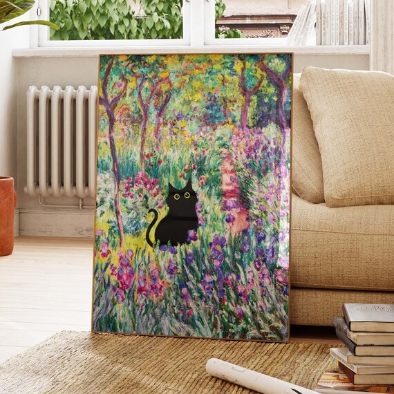 Black Cat In Monet Inspired Iris Garden Purple Bloom Field Art Poster