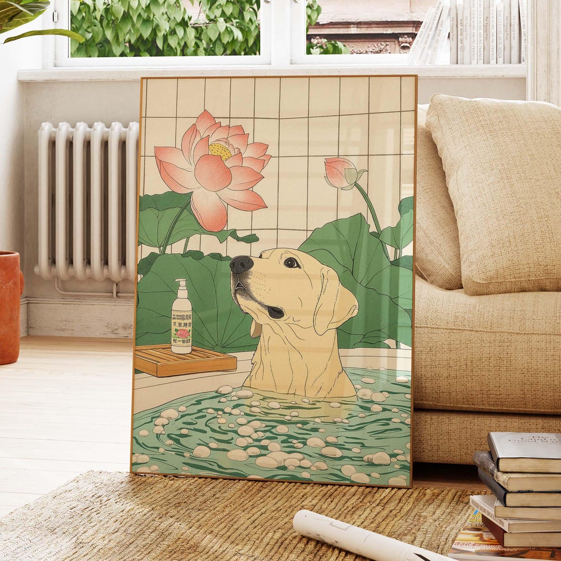 Beige Labrador Relaxing In Onsen Bath Beneath Pink Lotus Poster - Image 4