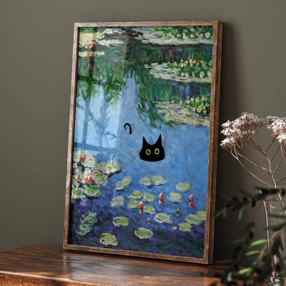 Black Cat Swimming in Monet Water Lily Pond Funny Art Poster - Image 2