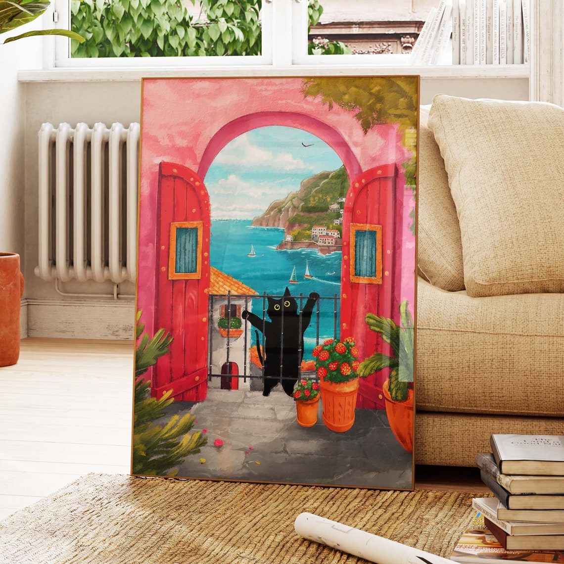 Black Cat At A Red Doorway Overlooking A Coastal Town Poster