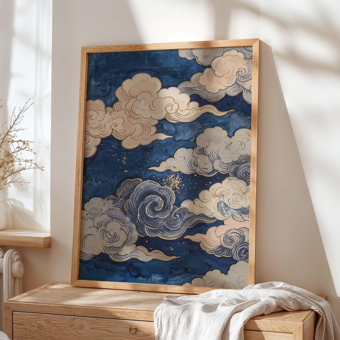 Japanese Cloud Art Poster, Traditional Woodblock Style