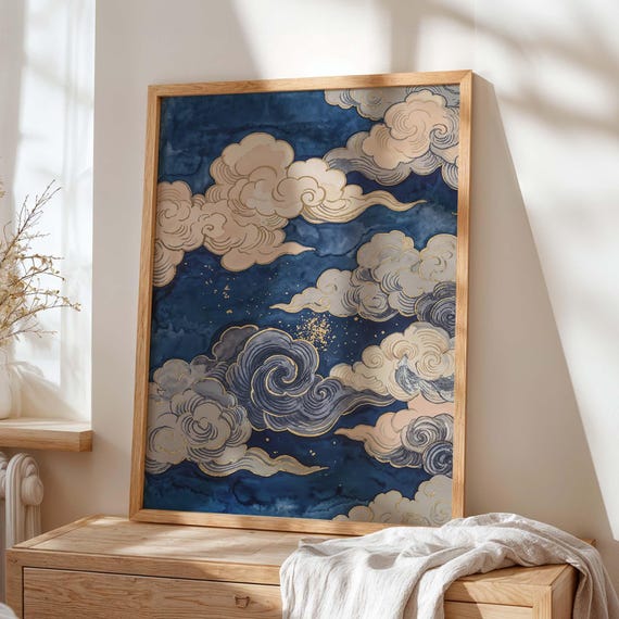 Japanese Cloud Art Poster, Traditional Woodblock Style