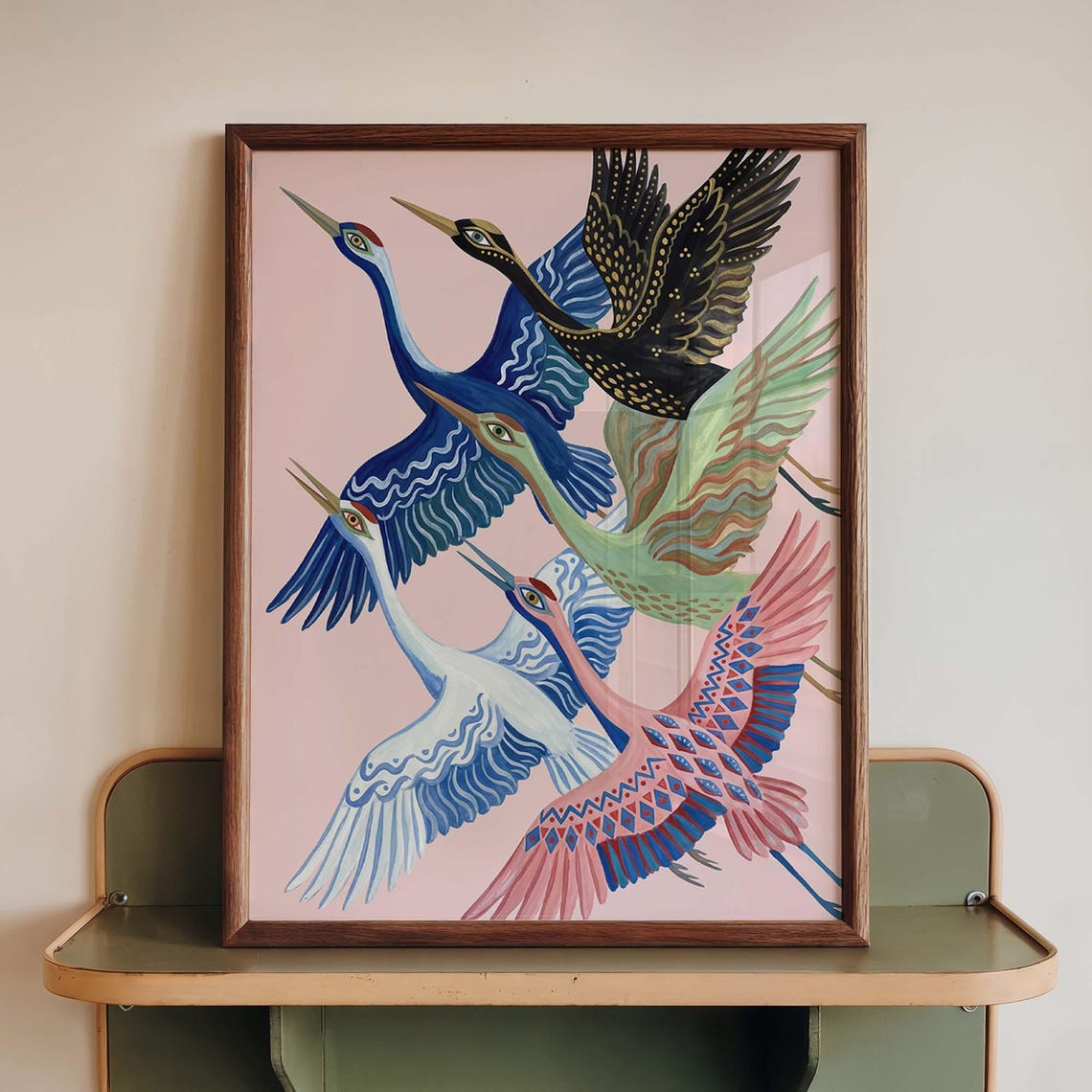 Colorful Cranes in Flight Jewel Tone Pink Background Art Poster