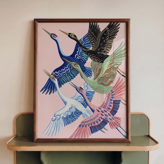 Colorful Cranes in Flight Jewel Tone Pink Background Art Poster