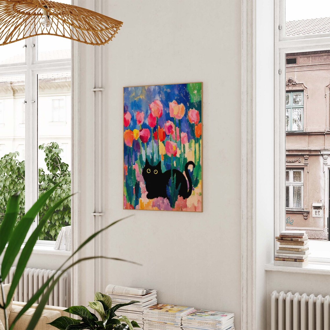Black Cat Among Tall Colorful Matisse Inspired Tulips Garden Art Poster - Image 3