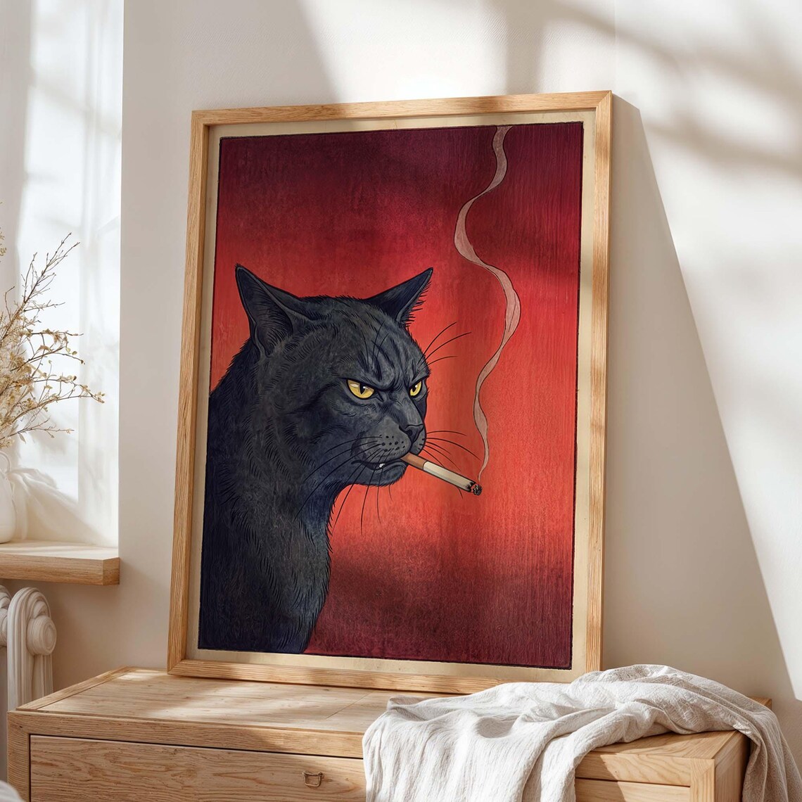 Grumpy Black Cat Smoking A Cigarette, Vintage Poster