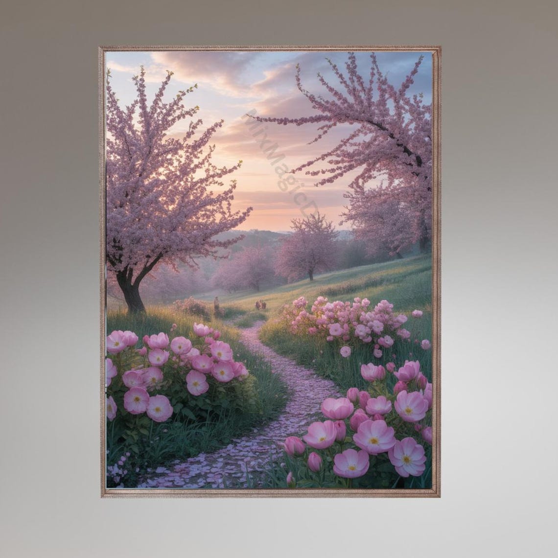Cherry Blossom Sunset Garden Path Spring Poster for Home Decor