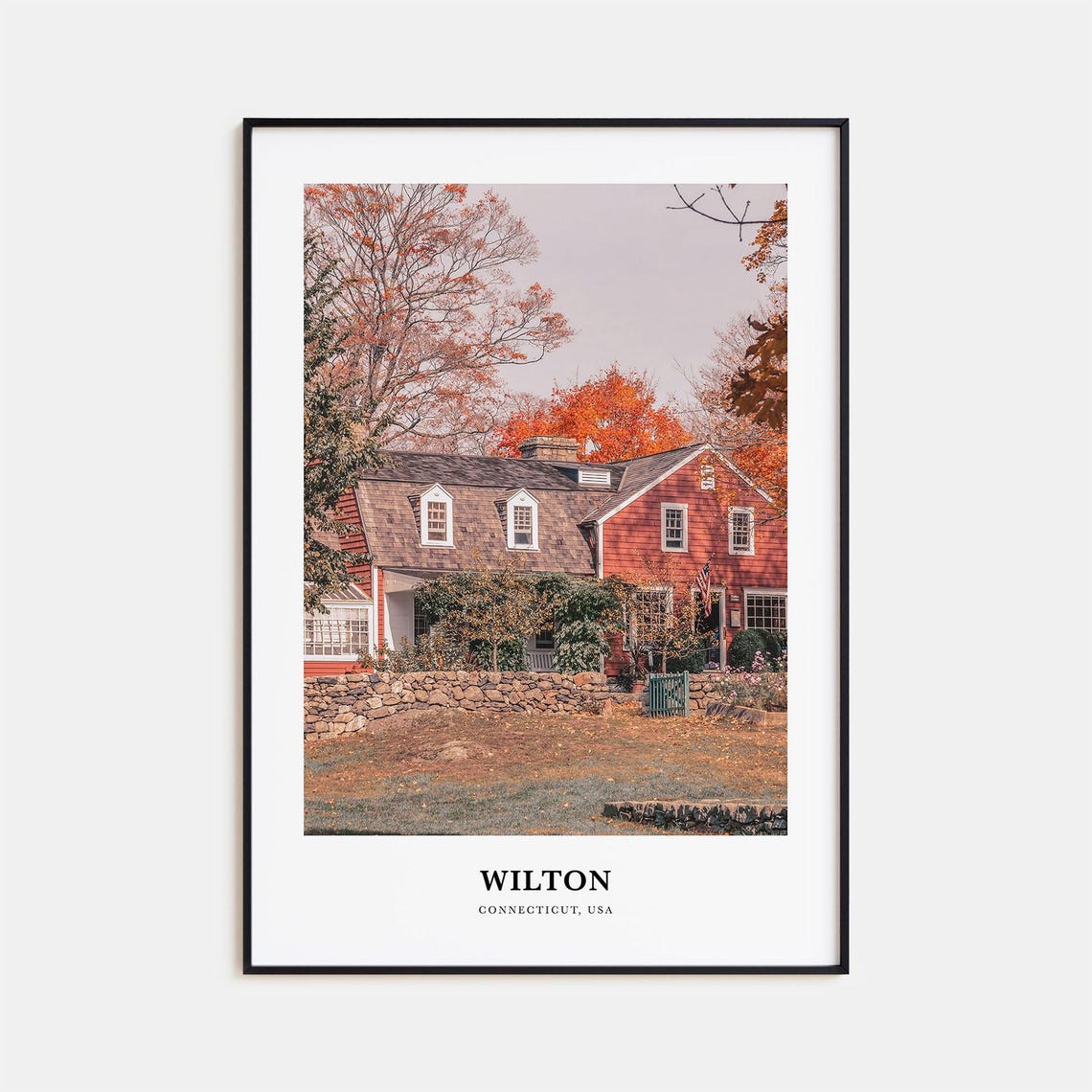 Wilton Connecticut Red Colonial House Autumn Fall Travel Poster