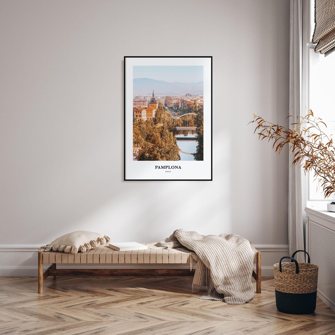 Pamplona Spain River Arch Bridge Church Spire Mountains Art Poster - Image 3