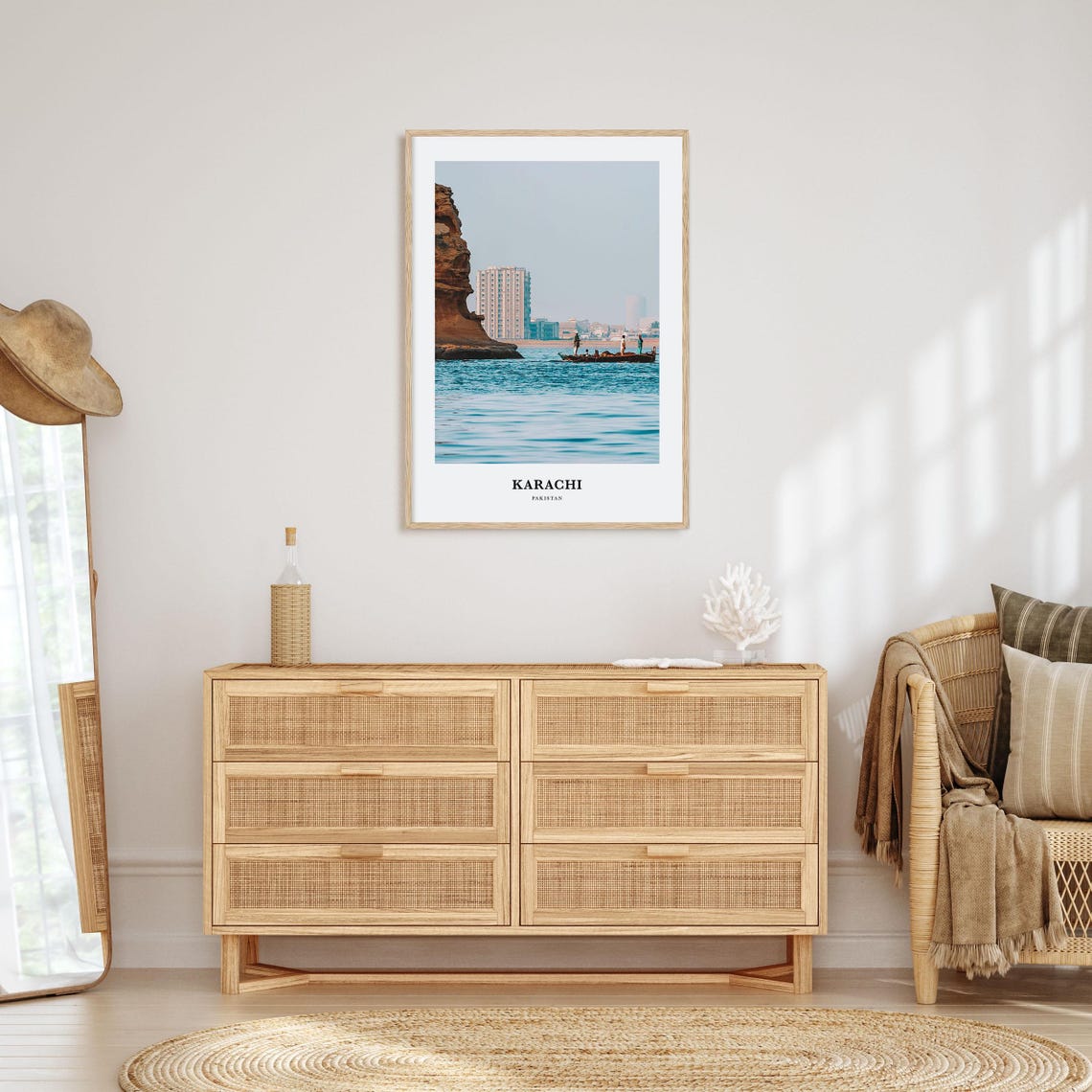 Karachi Pakistan Fishing Boat Rocky Cliff Calm Sea Travel Poster - Image 2