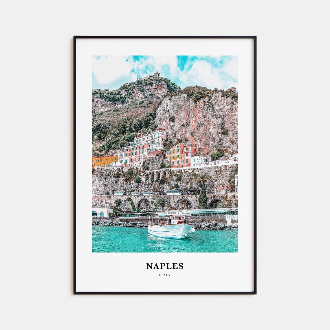 Naples Italy Colorful Cliffside Village Boat Photo Travel Wall Poster