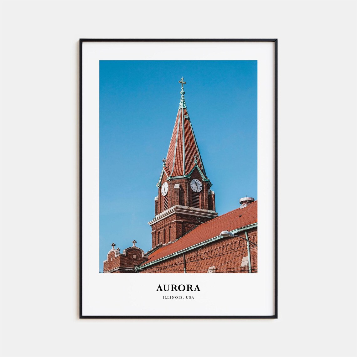 Aurora Illinois Historic Church Steeple Clock Minimalist Travel Poster