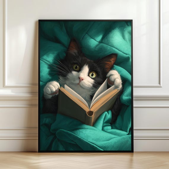 Tuxedo Cat Reading Wall Art Black White Poster Book Lover Gift Turquoise Green Decor Whimsical Print Digital Download