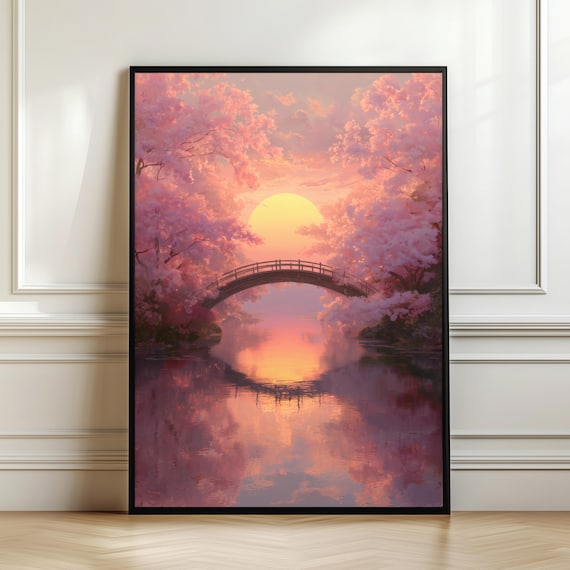 Sunset Sakura Bridge Wall Art Japanese Cherry Blossom Landscape Print Pink Golden Lake Poster Zen Decor Gift Digital Download