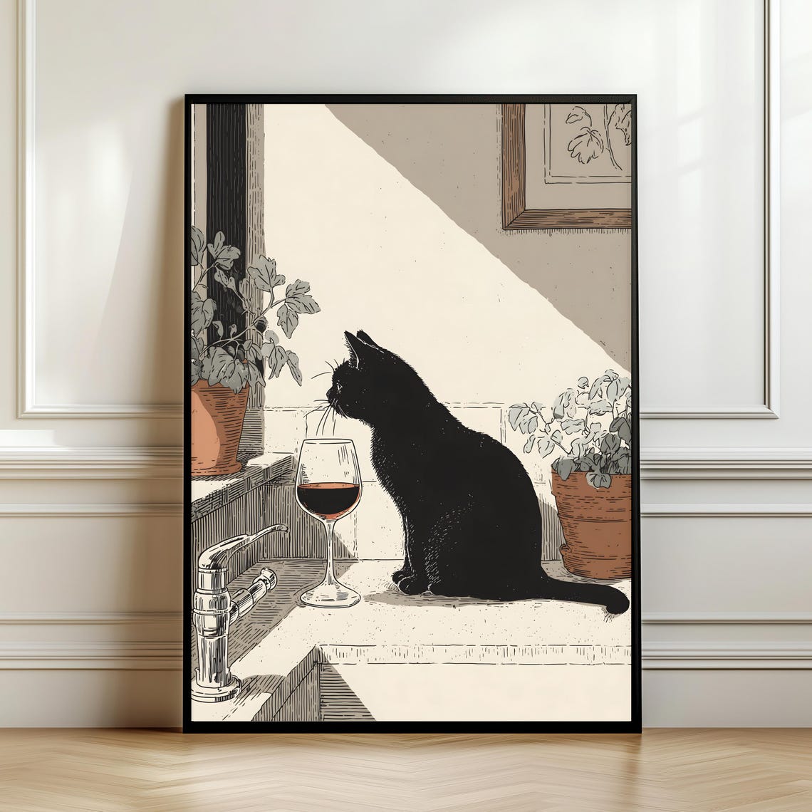 Black Cat with Red Wine Glass at Sunlit Kitchen Counter Vintage Poster