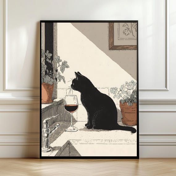 Black Cat Kitchen Poster Minimal Vintage Illustration Wine Lover Wall Decor Cottagecore Print Line Art Gift Digital
