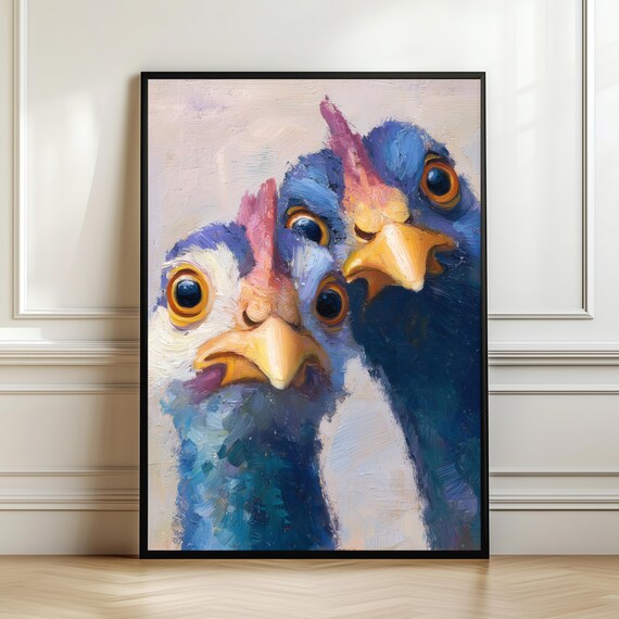 Funny Chicken Pair Close Up Quirky Blue Bird Portrait Comedy Art Poster