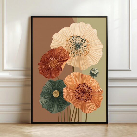 Mid Century Boho Floral Flower Design Earth Tone Botanical Neutral Wall Art