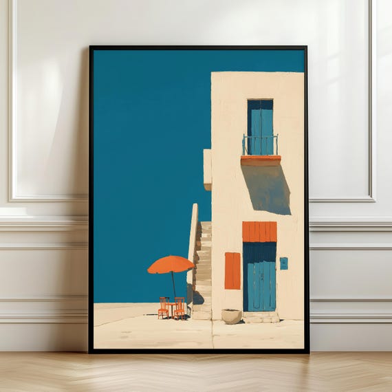Minimal Mediterranean House Wall Art Blue White Island Illustration Summer Coastal Poster Decor Digital Download