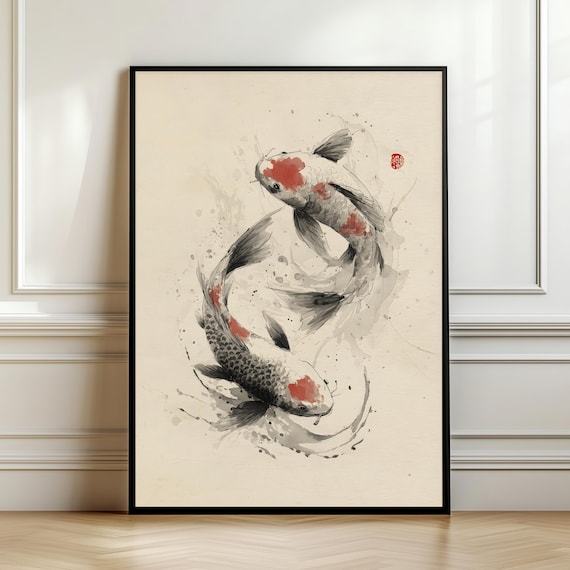 Japanese Sumie Koi Fish Wall Art Traditional Ink Painting Yin Yang Illustration Zen Brush Print Meaningful Digital Download