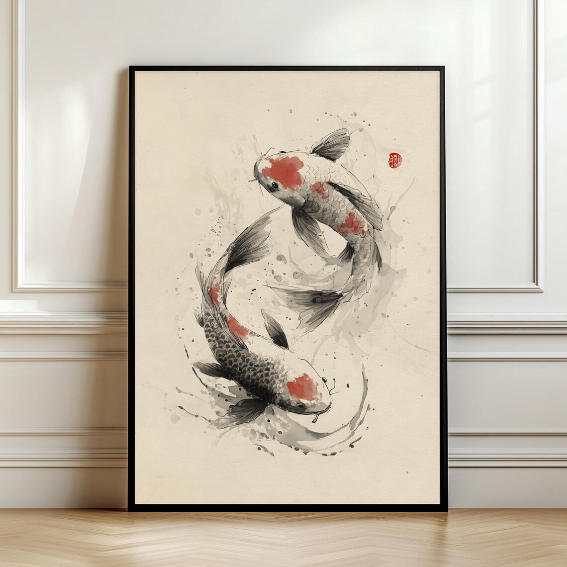 Japanese Sumi Ink Koi Fish Yin Yang Traditional Circular Painting Wall Art
