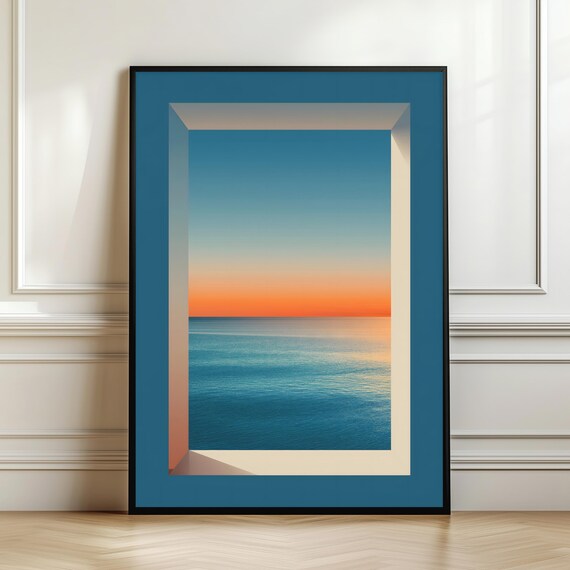 Minimal Ocean Window Sunset Sea View Modern Calm Blue Wall Art