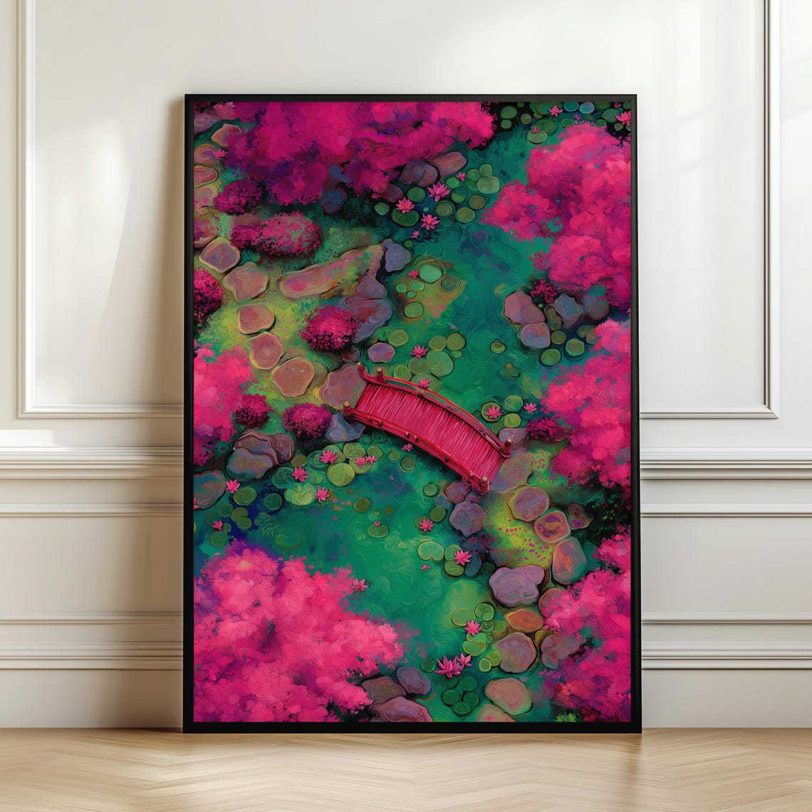 Sakura Cherry Blossom Garden Red Bridge Japanese Aerial Floral Poster